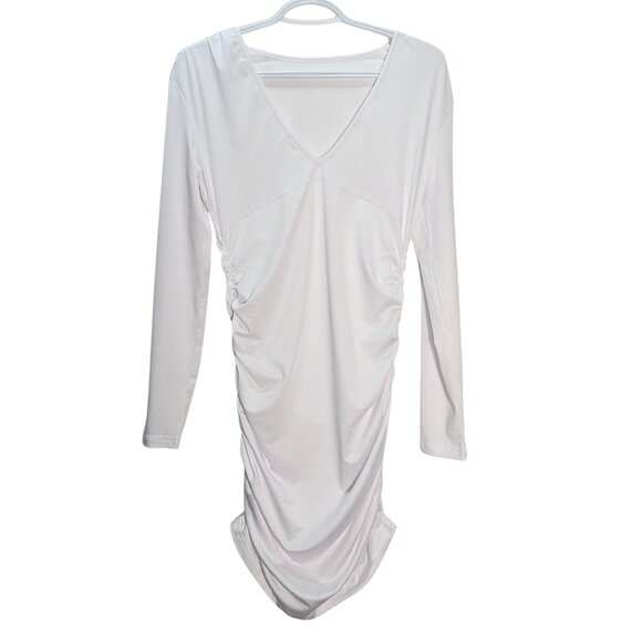 NWOT | White Long Sleeve V-Neck Ruched Drawstring Bodycon Mini Dress | Small - Picture 1 of 7